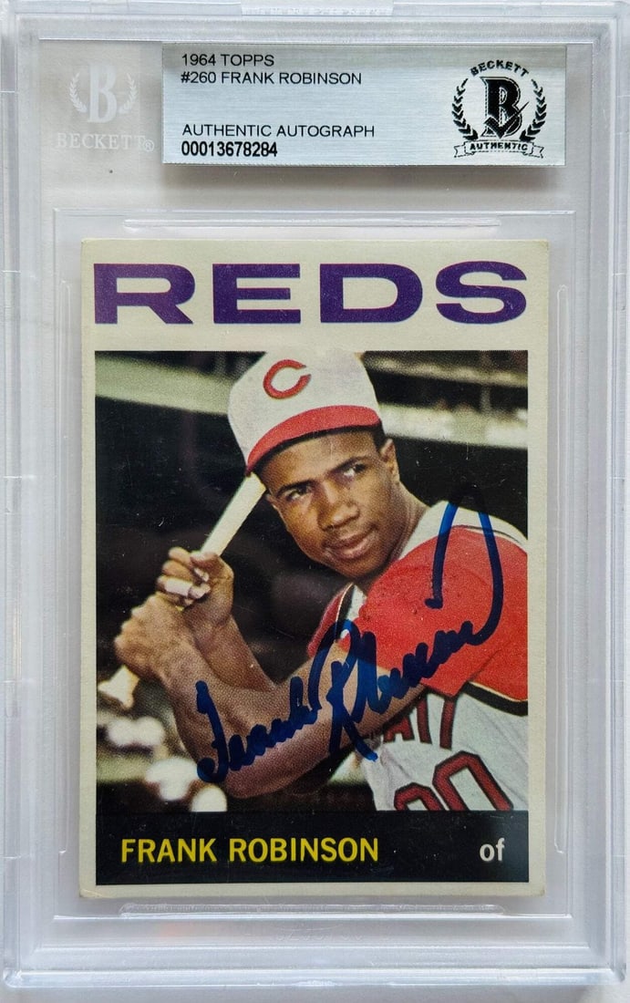 Robinson Frank Autographed Card Beckett Topps 1964 #260: Robinson Frank Autographed Card Beckett Topps 1964 #260 Signed by Frank Robinson, the iconic player from the 1964 Topps set, this card boasts a rare autograph on its surface. The Beckett Professional 