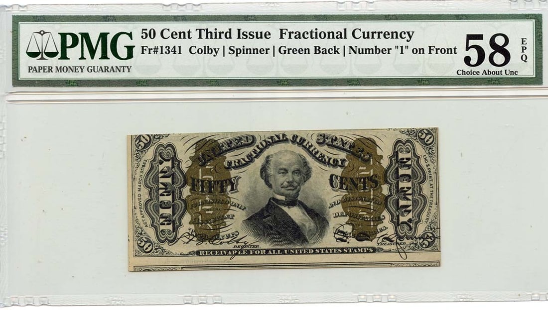 Third Issue 50 Cents Fractional Currency Green Back 1 Fr#1341 PMG CAU 58 EPQ: Third Issue 50 Cents Fractional Currency Green Back 1 Fr#1341 PMG CAU 58 EPQ The Third Issue 50 Cents Fractional Currency Green Back (Fr#1341) PMG CAU 58 EPQ features a circulated condition, bearing t