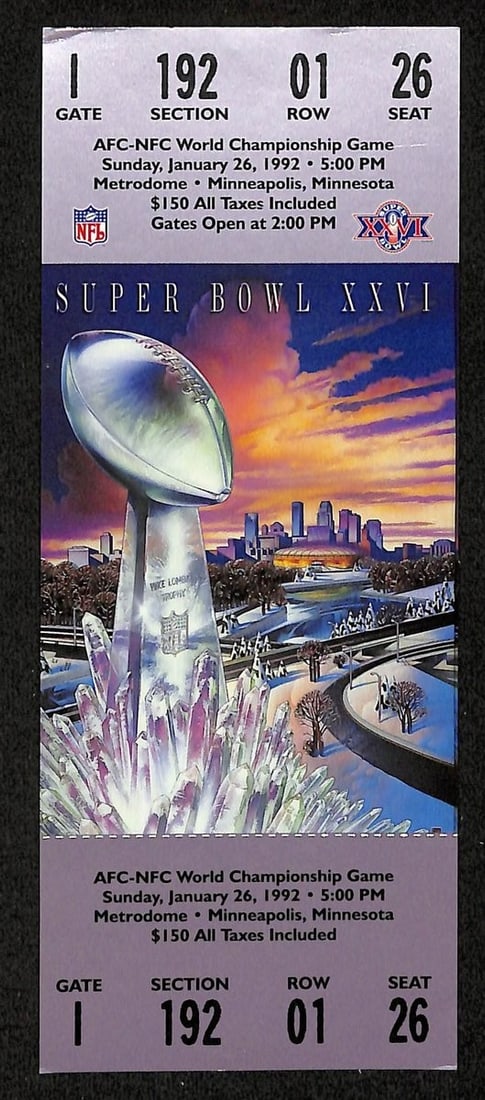 1/ 26/ 1992 Super Bowl XXVI Full Ticket Redskins vs. Bills 201711 (1 of 2)
