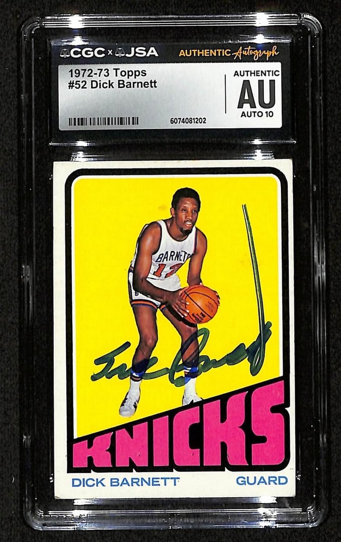 Dick Barnett HOF Signed/ Auto 1972-73 TOPPS RC Card #52 Knicks CGC/ JSA 200575: Dick Barnett HOF Signed/ Auto 1972-73 TOPPS RC Card #52 Knicks CGC/ JSA 200575 Item Specifics: Original/Reprint: Original Product: Photo Product Disclaimer: Not affiliated with any team or league.