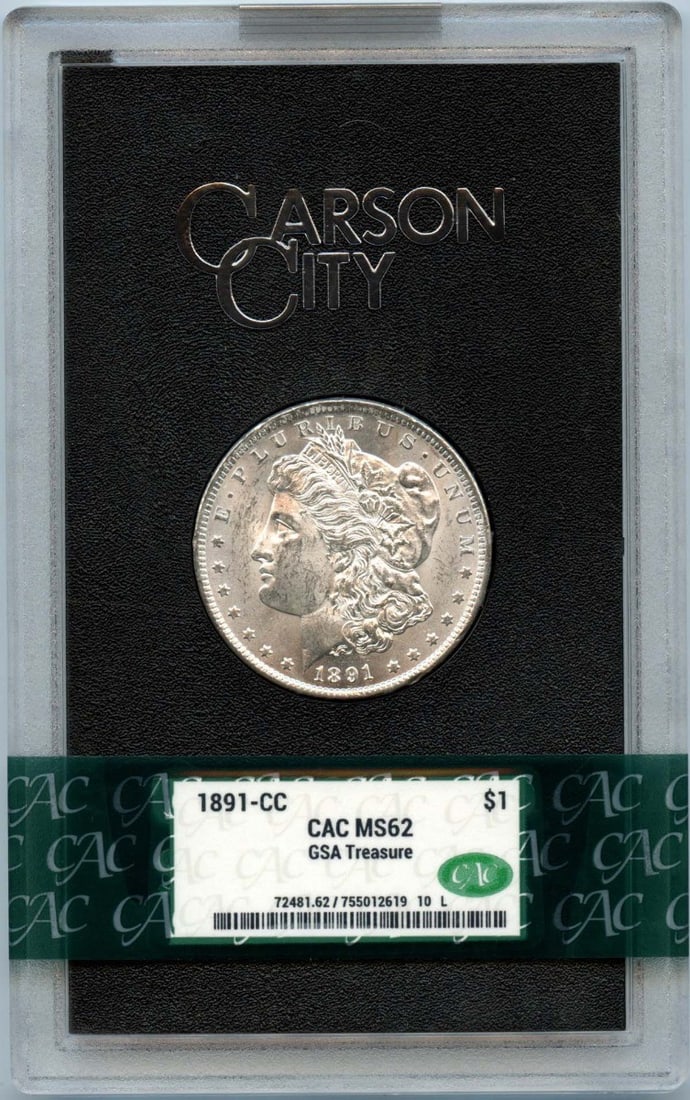 1891-CC Morgan Dollar GSA HOARD S$1 CACG MS62 CAC: 1891-CC Morgan Dollar GSA HOARD S$1 CACG MS62 CAC The 1891-CC Morgan Dollar on offer boasts an impressive CACG certification, backed by the 10 L Grade MS62 designation. This uncirculated coin was mint