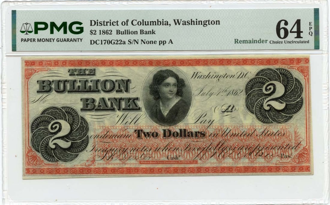 1862 $2 Washington, District of Columbia Obsolete Note Bullion Bank PMG CU64 EPQ (1 of 1)