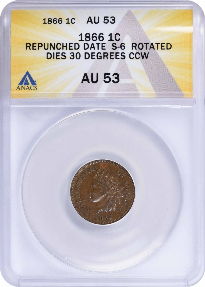 1866 Indian Cent S-6 AU53 ANACS: 1866 Indian Cent S-6 AU53 ANACS The 1866 Indian Cent S-6 AU53 ANACS is a circulated example from the early days of American coinage, featuring a copper composition and no mint mark. Certified by ANACS