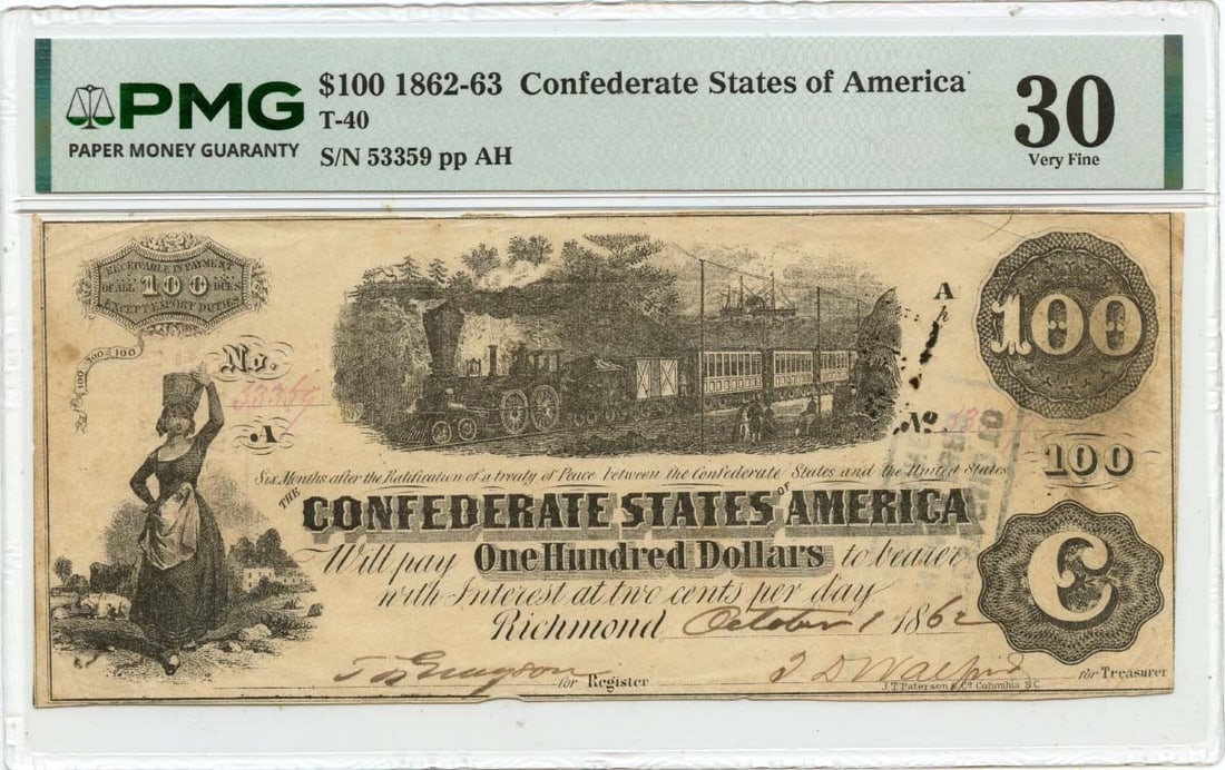 1862 $100 Confederate States of America T-40 CSA PMG VF30: 1862 $100 Confederate States of America T-40 CSA PMG VF30 The 1862 $100 Confederate States of America T-40 is a circulated example, bearing the PMG Certification Number 2423204020 and graded VF30. Thi