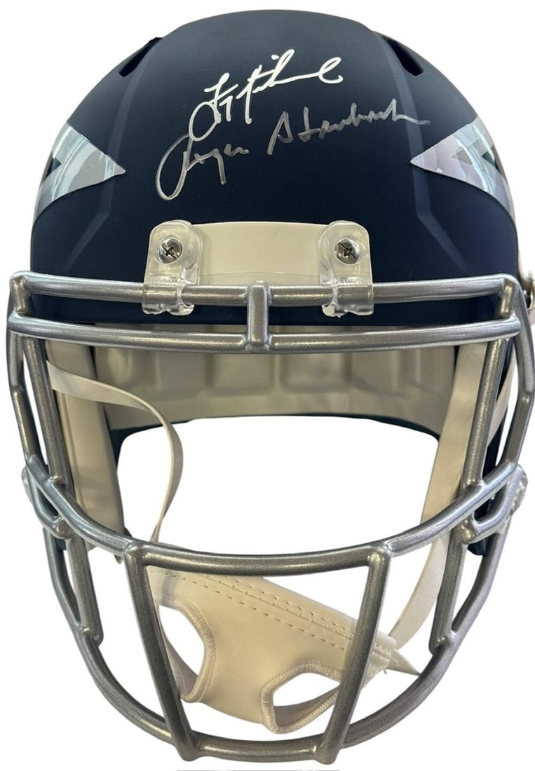 Roger Staubach Troy Aikman Signed Cowboys Full Size Eclipse Speed Rep Helmet (Be: Roger Staubach Troy Aikman Signed Cowboys Full Size Eclipse Speed Rep Helmet (Be Signed in silver paint pen across the side of the helmet, this Beckett Professional Graded Full Size Eclipse Speed Rep 