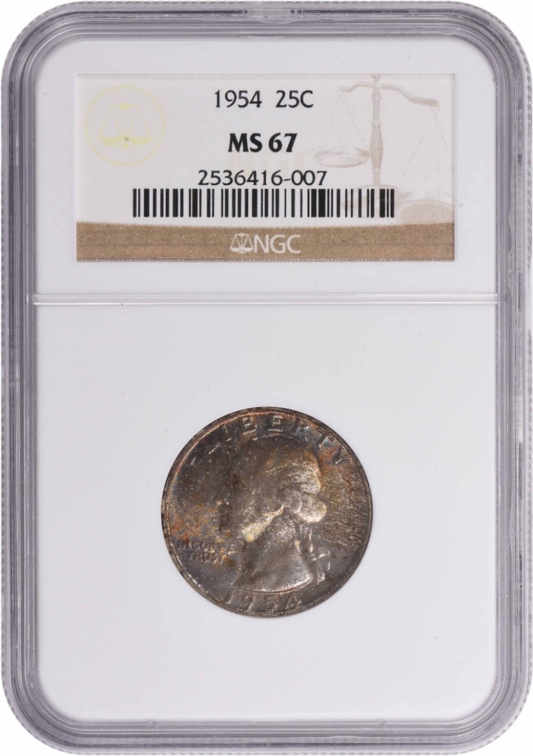 1954 Washington Silver Quarter MS67 NGC: 1954 Washington Silver Quarter MS67 NGC The 1954 Washington Silver Quarter MS67 NGC boasts exceptional condition, with its high-grade certification from the Numismatic Guaranty Corporation. This uncir