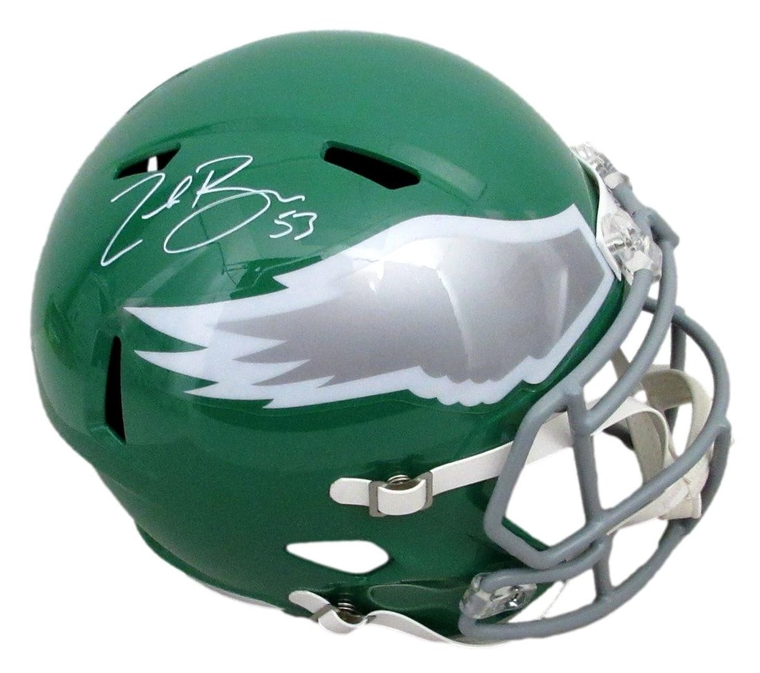 Zack Baun Signed/ Auto Kelly Full Size Speed Replica Helmet Eagles Beckett 198922: Zack Baun Signed/ Auto Kelly Full Size Speed Replica Helmet Eagles Beckett 198922 Zack Baun's autographed full-size speed replica helmet is a unique collectible for football fans. This Beckett Authent