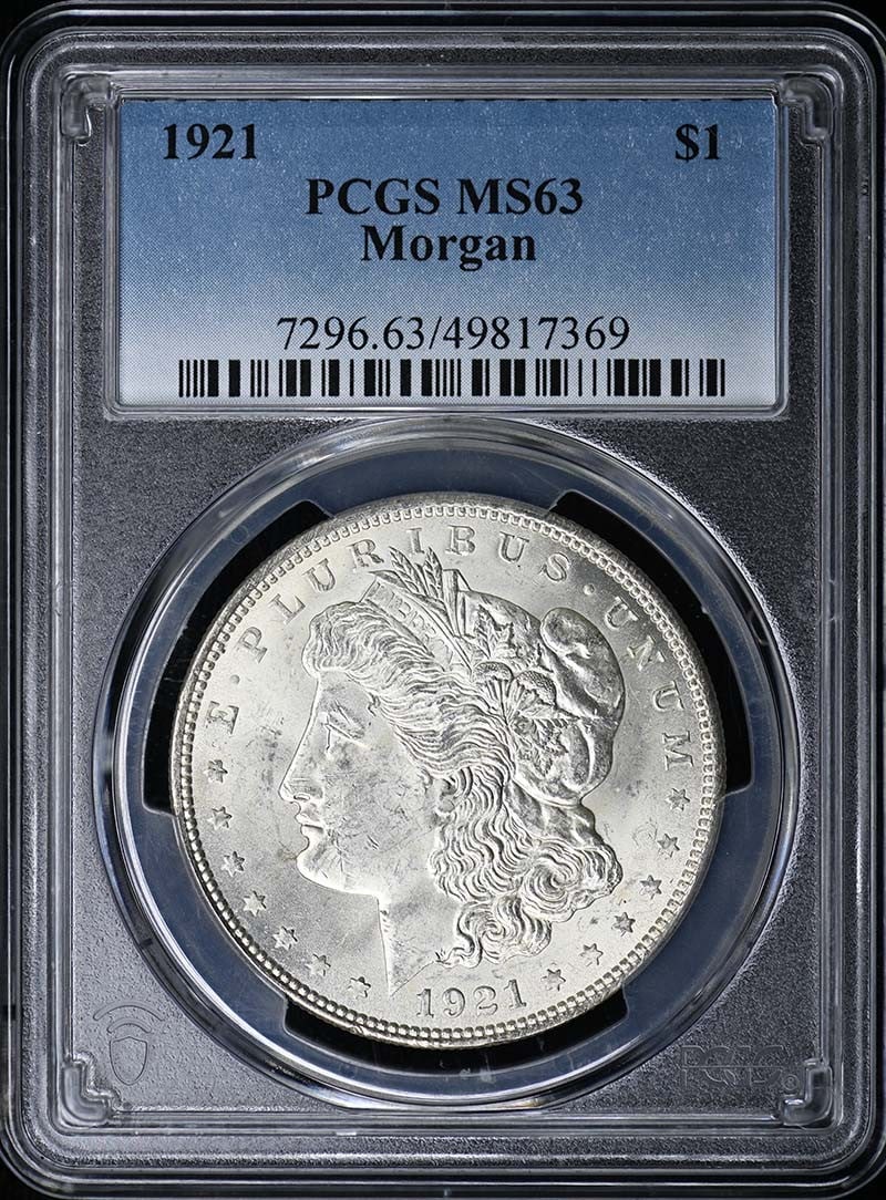 Morgan Dollar 1921 PCGS MS63: Morgan Dollar 1921 PCGS MS63 The 1921 Morgan Dollar, graded MS63 by PCGS, showcases its exceptional condition with a high level of detail and luster. Certified as uncirculated, this coin boasts a rich