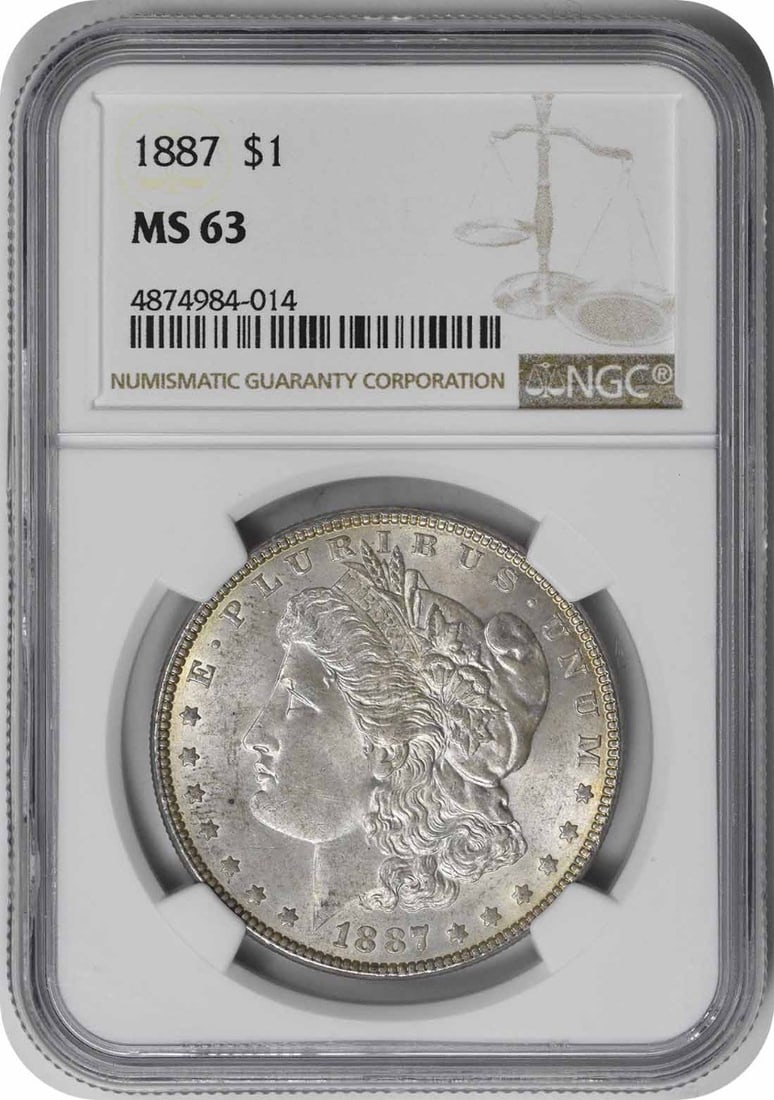 Morgan Silver Dollar MS63 NGC: Morgan Silver Dollar MS63 NGC MS63 Morgan Silver Dollar from 1887, certified by the NGC and showcasing its circulated/uncirculated condition. This 90% silver coin features a reeded edge and no mint ma