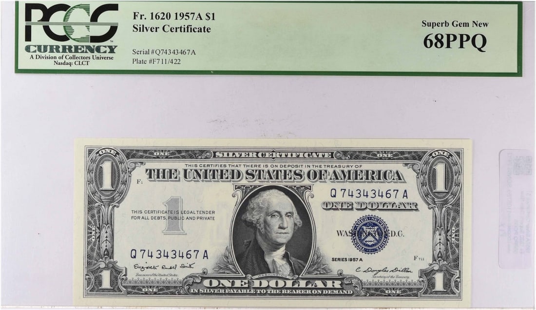 1957A $1 Small Silver Certificate Fr.1620 Superb Gem New 68PPQ PCGS: 1957A $1 Small Silver Certificate Fr.1620 Superb Gem New 68PPQ PCGS The 1957A $1 Small Silver Certificate features a Superb Gem condition, graded MS68 by PCGS. This exceptional example boasts a New 68