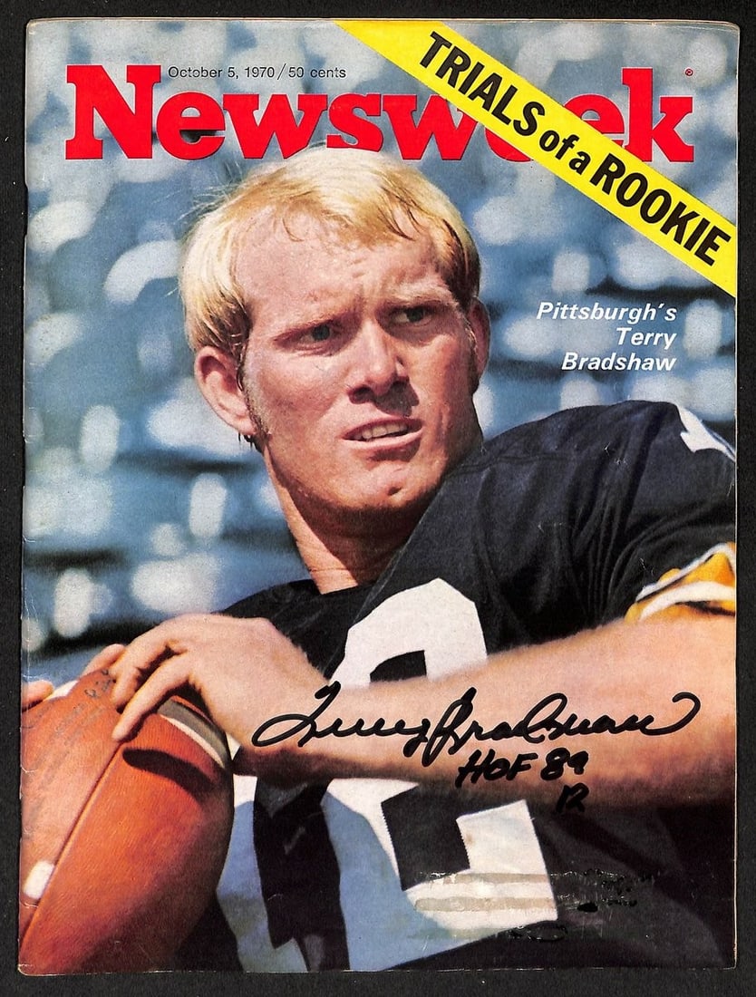 Terry Bradshaw HOF Signed/ Inscr 10/ 5/ 1970 Newsweek Magazine PSA/ DNA 203669: Terry Bradshaw HOF Signed/ Inscr 10/ 5/ 1970 Newsweek Magazine PSA/ DNA 203669 Terry Bradshaw, the legendary NFL quarterback, has signed his name to this iconic 1970 Newsweek Magazine. The magazine fe