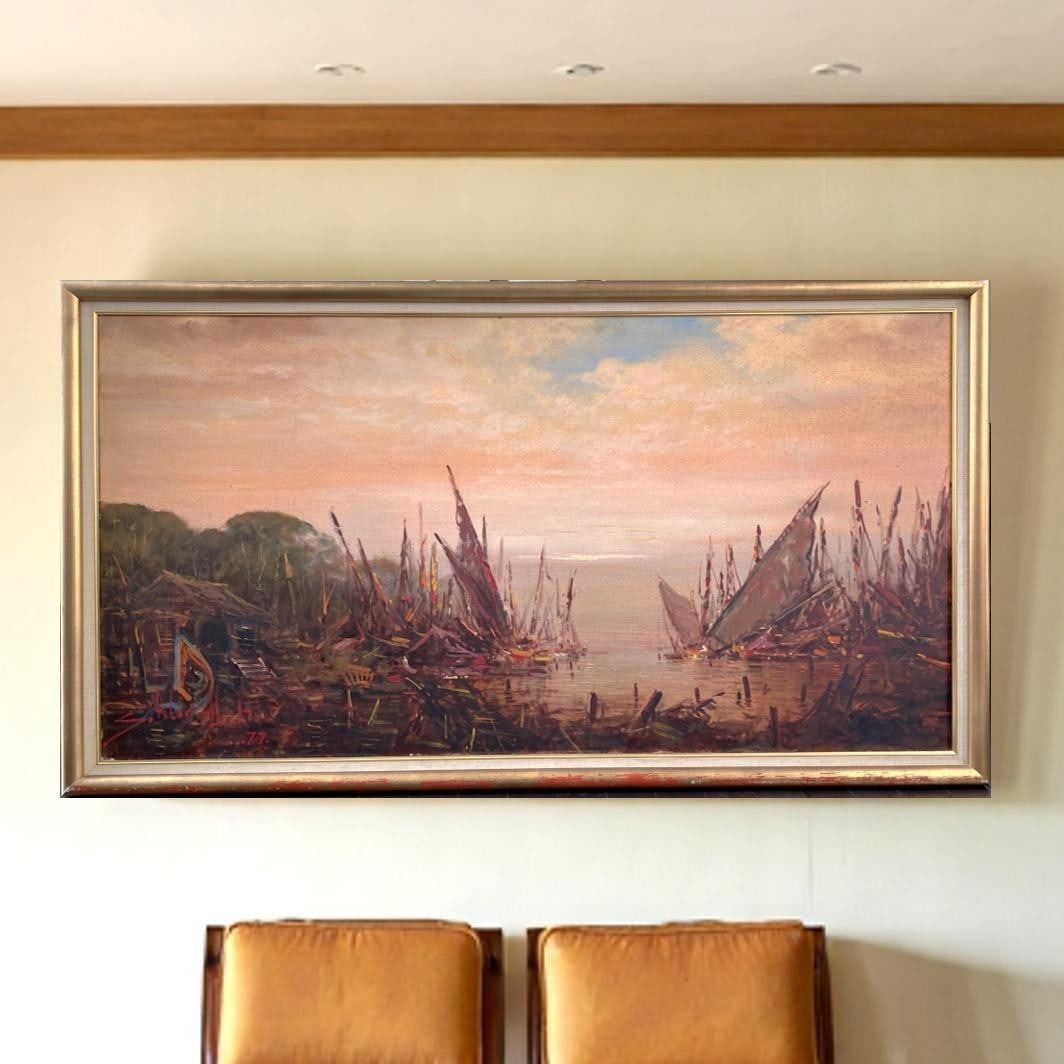 Sudjono Abdullah "Fishing Boats" 1977 Signed Oil Painting 136 Indonesian Master: Sudjono Abdullah "Fishing Boats" 1977 Signed Oil Painting 136 Indonesian Master Item Specifics: Artist: Sudjono Abdullah (1911-1993) Signed By: Sudjono Abdullah Signed: Yes Size: Large Material: Canva