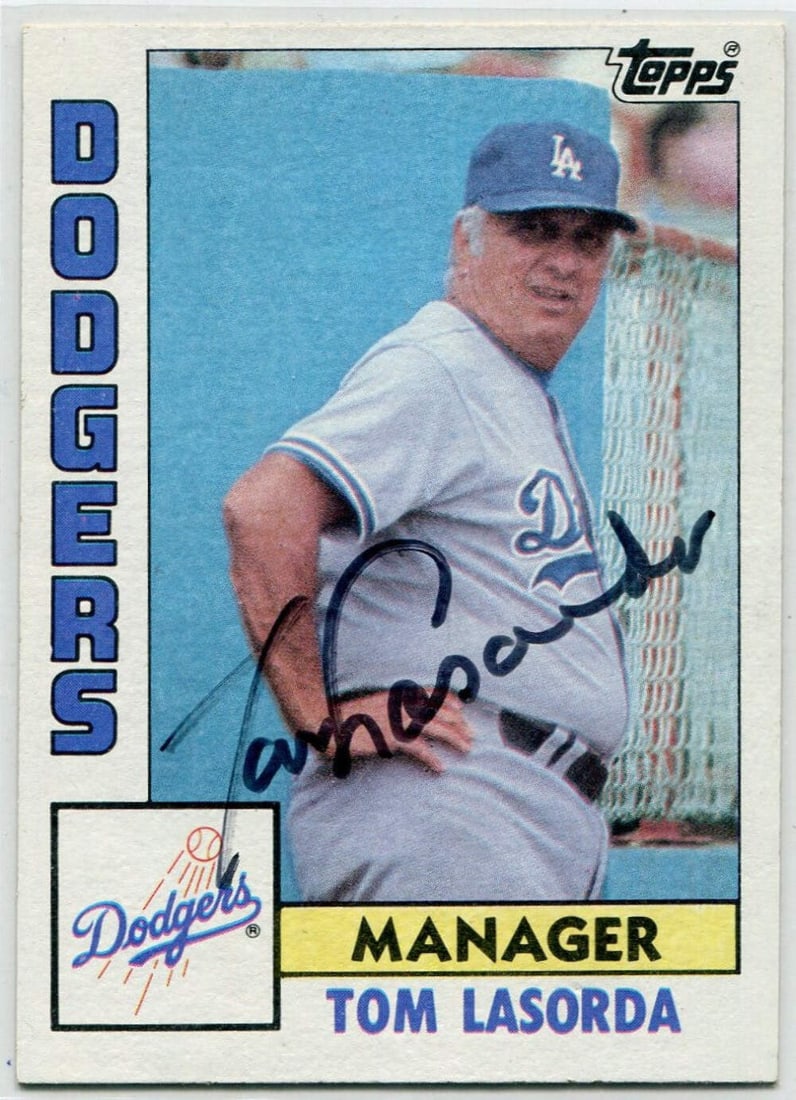 Tom Lasorda 1984 Topps Autographed Card #681: Tom Lasorda 1984 Topps Autographed Card #681 Signed in black sharpie across the front, Tom Lasorda's autograph adds a unique touch to this 1984 Topps baseball card. The card features #681, a notable n