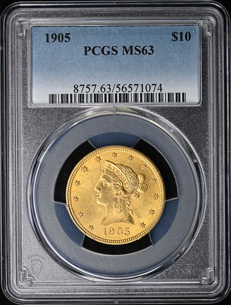 1905 $10 Liberty Head Eagle PCGS MS63: 1905 $10 Liberty Head Eagle PCGS MS63 The 1905 $10 Liberty Head Eagle PCGS MS63 features a striking design from the Philadelphia Mint, showcasing the iconic Liberty Head eagle on its obverse and a wre