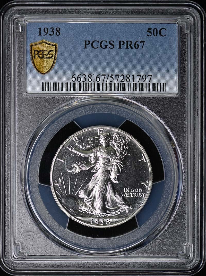PCGS PR67 1938 Half Dollar Walking Liberty: PCGS PR67 1938 Half Dollar Walking Liberty PCGS PR67 1938 Half Dollar Walking Liberty - A stunning example of the iconic Walking Liberty design, graded PR67 by PCGS for its exceptional condition and s