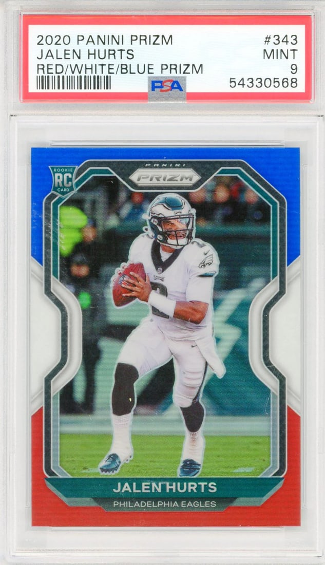 Rookie Card Red Prizm Blue/ White Jalen Hurts 2020 Panini Prizm #343: Rookie Card Red Prizm Blue/ White Jalen Hurts 2020 Panini Prizm #343 PSA-graded Mint 9 Rookie Card #343, featuring Jalen Hurts in his iconic Red/White/Blue Prizm design from the 2020 Panini Prizm set.