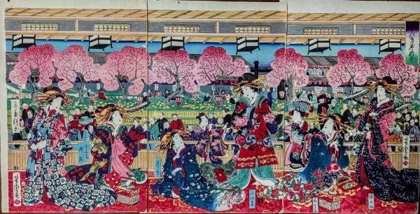 Woodblock print triptych Yoshitora Utagawa Inamoto Yayoi no Moru Haru 1871: Woodblock print triptych Yoshitora Utagawa Inamoto Yayoi no Moru Haru 1871 Item Specifics: Artist: Utagawa Yoshitora Subject: Spring Scene Courtesans Meiji Life Material: Paper Style: Japanese Year Of