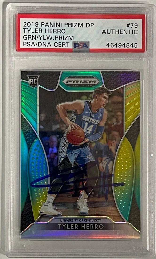 Tyler Herro Autographed 2019-20 Panini Green/ Yellow Prizm Rookie Card #79 (PSA): Tyler Herro Autographed 2019-20 Panini Green/ Yellow Prizm Rookie Card #79 (PSA) Signed in blue sharpie across the front, Tyler Herro's 2019-20 Panini Green/Yellow Prizm Rookie Card #79 boasts a uniqu