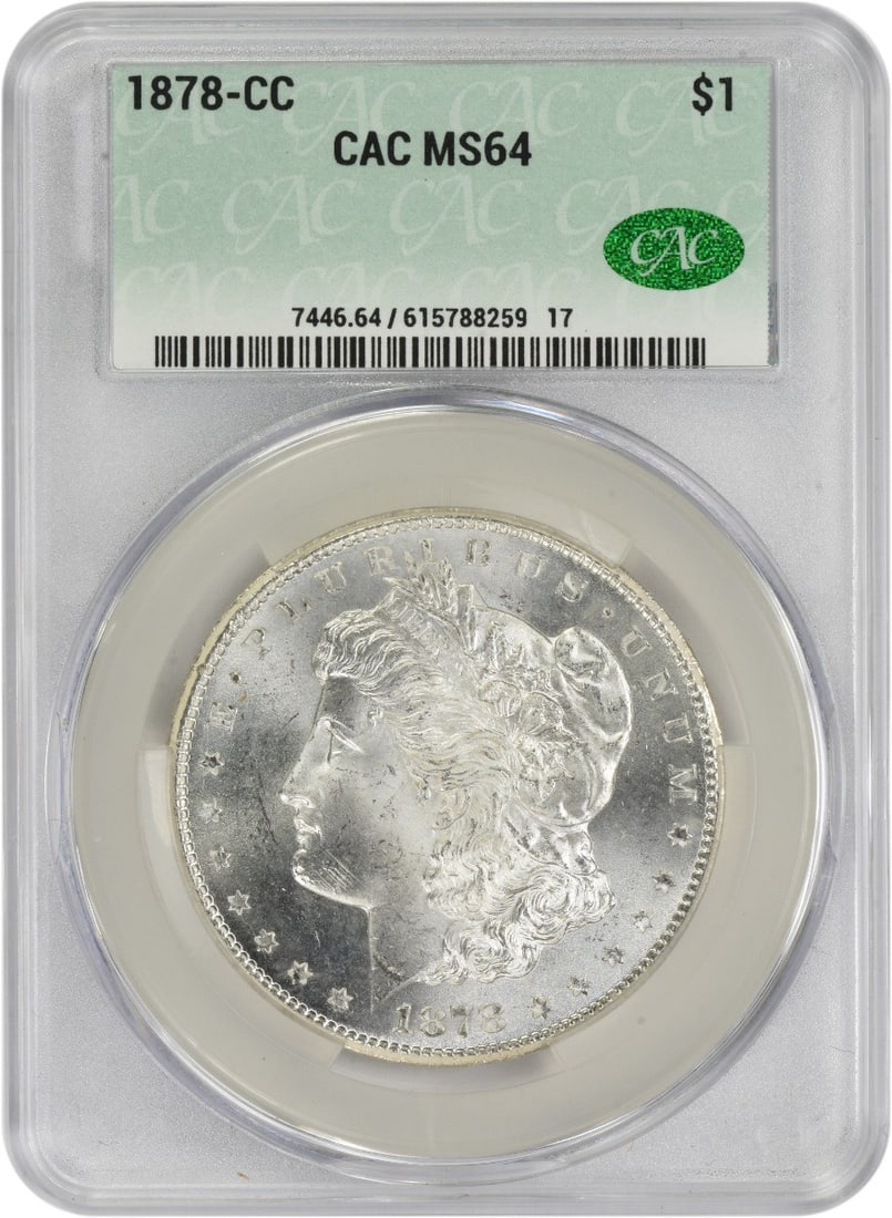 1878-CC Morgan Silver Dollar MS64 CACG: 1878-CC Morgan Silver Dollar MS64 CACG The 1878-CC Morgan Silver Dollar MS64 CACG boasts exceptional condition, with its MS64 grade indicating a high level of detail preservation and minimal wear. Cer
