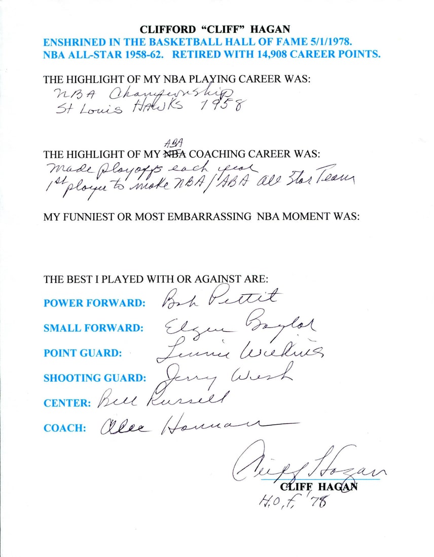 Hand filled out survey page autographed by cliff hagan: Hand filled out survey page autographed by cliff hagan Cliff Hagan's unique touch is on full display in this hand-filled out survey page, signed by the legendary baseball player himself. The page bear