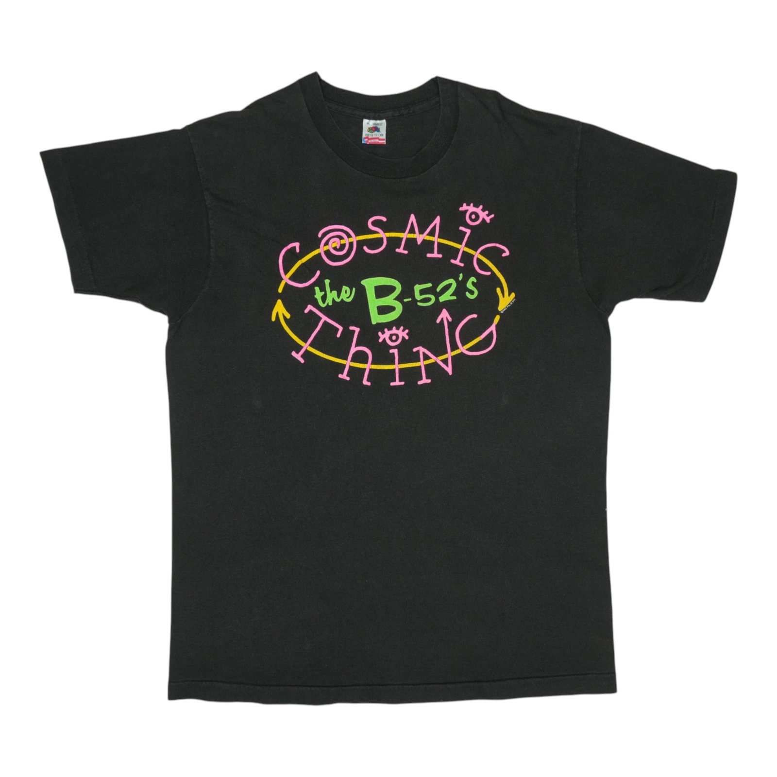 1989 B-52's Cosmic Thing Shirt: 1989 B-52's Cosmic Thing Shirt Extra Large Extra Large 100% Cotton Black Shirt with Front and Back Graphics from the 1989 B-52's Cosmic Thing Tour. This vintage shirt features a unique design, measuri