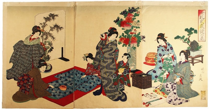 Toyohara Chikanobu Woodblock Print Triptych Japanese Women Sewing Etiquette: Toyohara Chikanobu Woodblock Print Triptych Japanese Women Sewing Etiquette Item Specifics: Artist: Toyohara Chikanobu Subject: Women Sewing and Etiquette Material: Washi Paper Style: Japanese Product