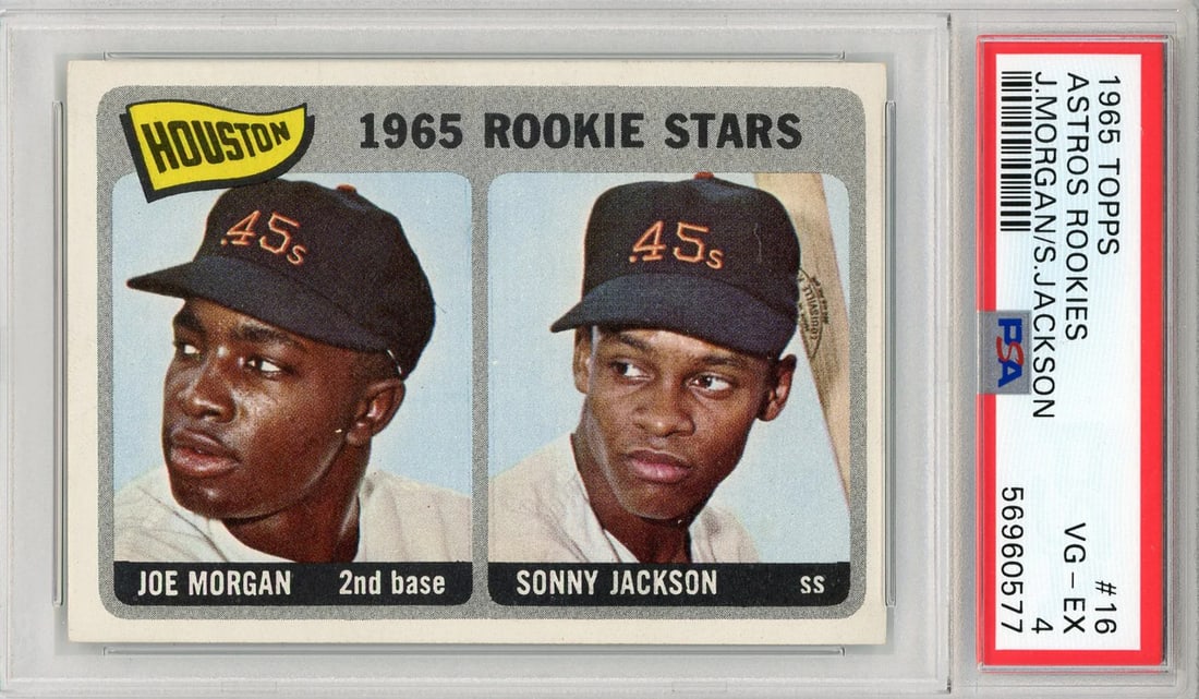 Joe Morgan & Sonny Jackson 1965 Topps Card #16 (PSA): Joe Morgan & Sonny Jackson 1965 Topps Card #16 (PSA) VG-EX 4 graded and slabbed by PSA, Joe Morgan & Sonny Jackson 1965 Topps Card #16 features a rare combination of baseball legends. This iconic card