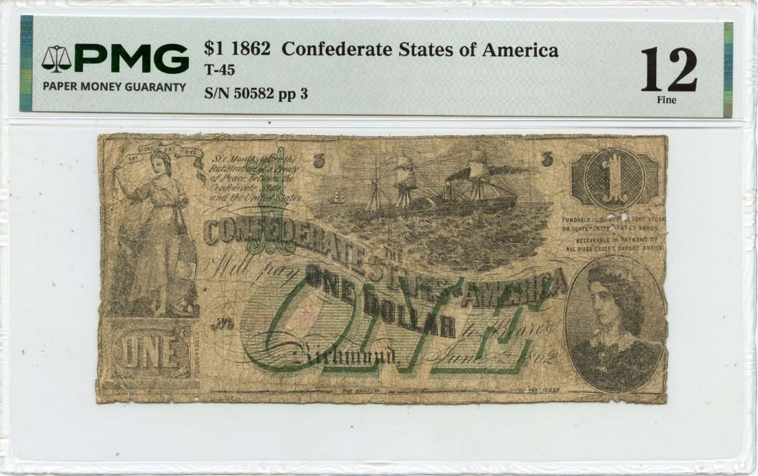 1862 $1 Confederate States of America T-45 CSA PMG F12: 1862 $1 Confederate States of America T-45 CSA PMG F12 Item Specifics: Certification: PMG Certification Number: 2417912035 Grade: F12 Circulated/Uncirculated: Circulated Denomination: Confederate Stat