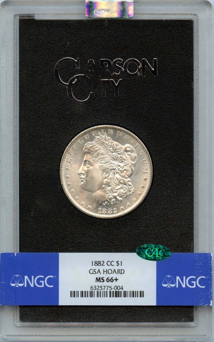 1882-CC Morgan Dollar GSA HOARD S$1 NGC MS66+ (CAC): 1882-CC Morgan Dollar GSA HOARD S$1 NGC MS66+ (CAC) The 1882-CC Morgan Dollar GSA HOARD S$1 NGC MS66+ (CAC) is an uncirculated coin with a high grade, boasting exceptional condition and detail. Certif