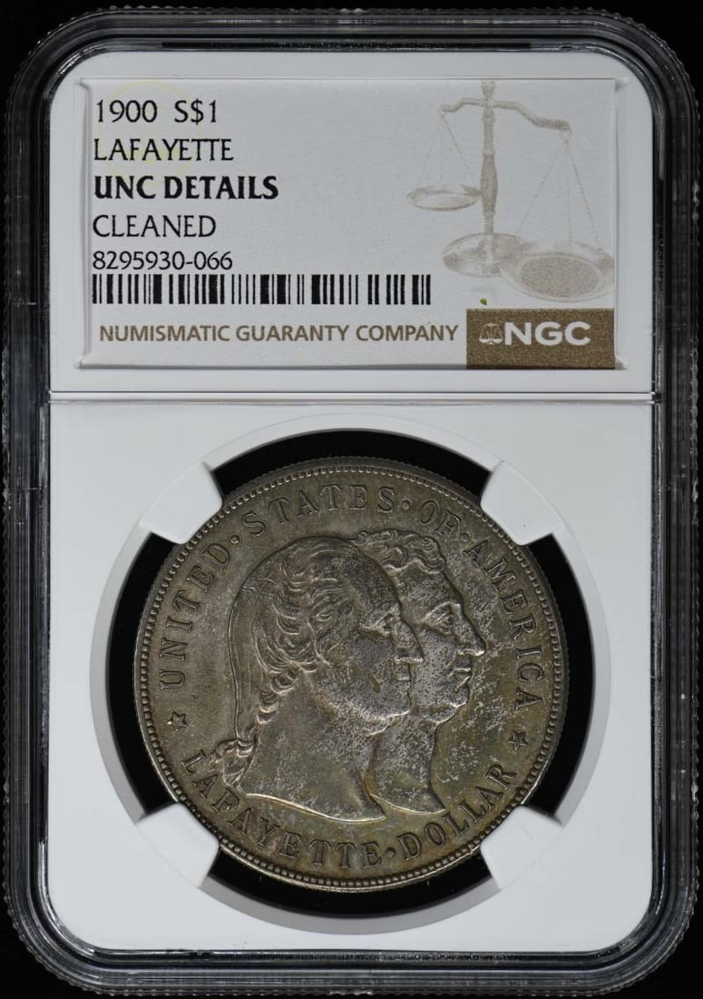 LAFAYETTE 1900 Silver Commemorative S$1 NGC UNC Details: LAFAYETTE 1900 Silver Commemorative S$1 NGC UNC Details This 1900 Silver Commemorative $1 coin features an UNC Details grade, indicating it's in near-perfect condition. Certified by the NGC, its certi