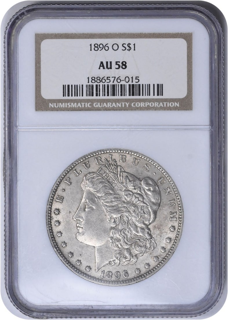 1896-O Morgan Silver Dollar AU58 NGC: 1896-O Morgan Silver Dollar AU58 NGC The 1896-O Morgan Silver Dollar features a distinctive reeded edge and a mint mark located on the reverse, denoting its origin from the New Orleans Mint. Certified