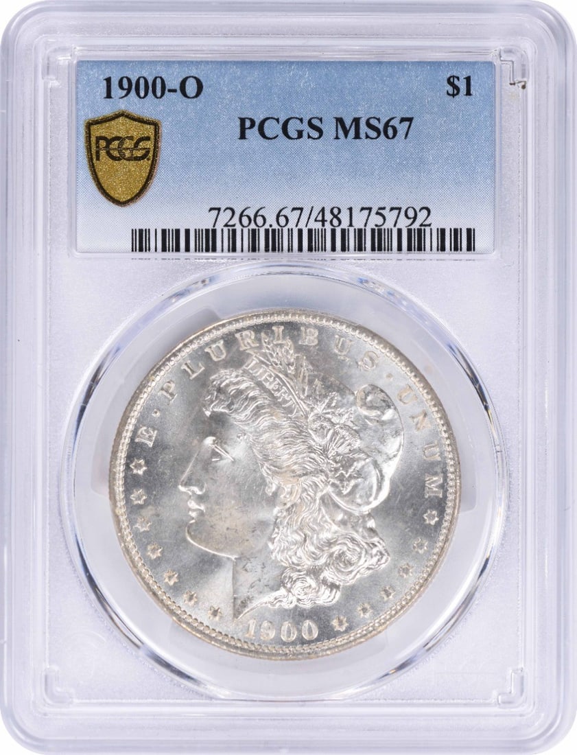 1900-O Morgan Silver Dollar MS67 PCGS: 1900-O Morgan Silver Dollar MS67 PCGS MS67 PCGS Uncirculated Morgan Silver Dollar from 1900, certified by the prestigious Professional Coin Grading Service (PCGS) with a high grade of MS67. This coin 