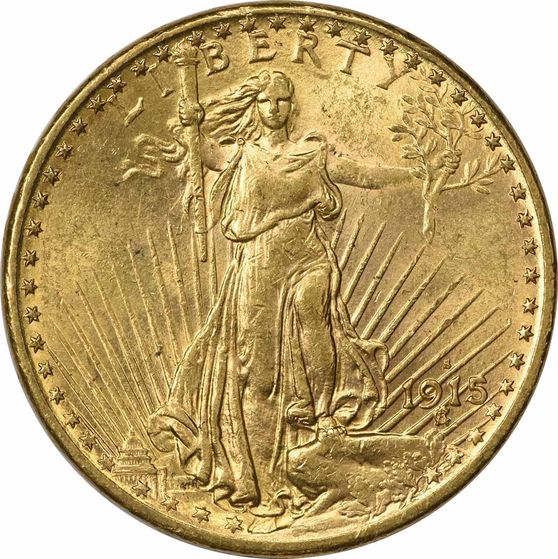 1915-S $20 Gold St. Gaudens BU Uncertified: 1915-S $20 Gold St. Gaudens BU Uncertified The 1915-S $20 Gold St. Gaudens features a stunning design by Augustus Saint-Gaudens, showcasing the iconic Liberty Head on the obverse and a wreath surround