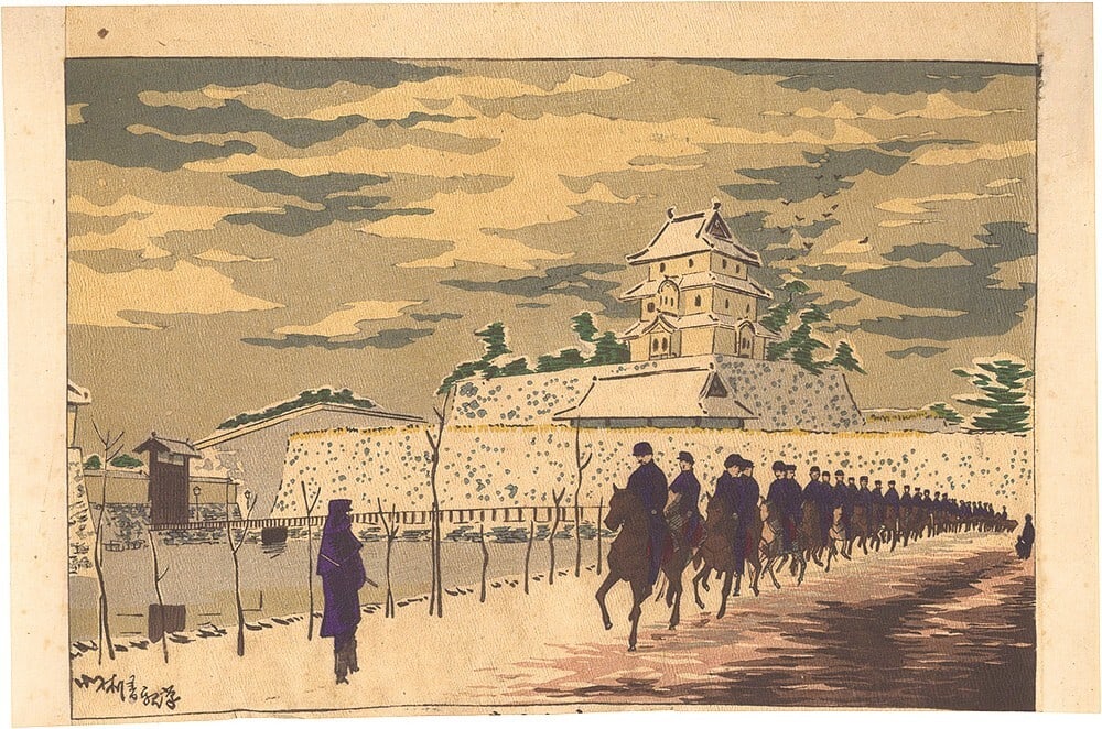 WB Kobayashi Kiyochika Woodblock Prints Edo Castle Horse Riders Snowscape Meiji: WB Kobayashi Kiyochika Woodblock Prints Edo Castle Horse Riders Snowscape Meiji Item Specifics: Primary Material: Paper Type: Japanese Woodblock Print Color: Multi-Color Original/Reproduction: Antique