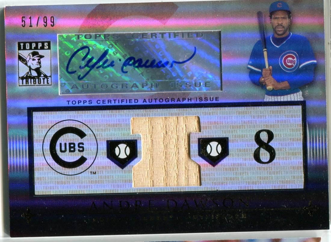 Andre Dawson 2010 Topps Tribute Game-Used Bat/ Autographed Card #51/ 99: Andre Dawson 2010 Topps Tribute Game-Used Bat/ Autographed Card #51/ 99 Andre Dawson's game-used bat from the 2010 Topps Tribute series bears his signature, making it a unique piece for baseball colle