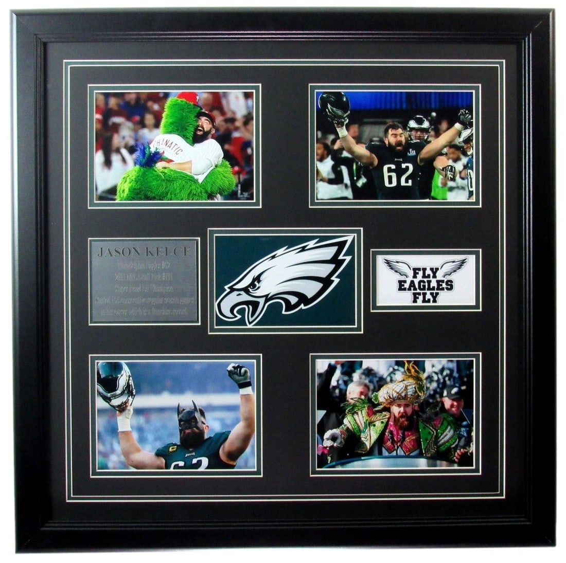 Unsigned Tribute Photo Collage Framed by Jason Kelce: Unsigned Tribute Photo Collage Framed by Jason Kelce Jason Kelce's unique touch is evident in this unsigned tribute photo collage, carefully framed to showcase the Philadelphia Eagles' star player. Th
