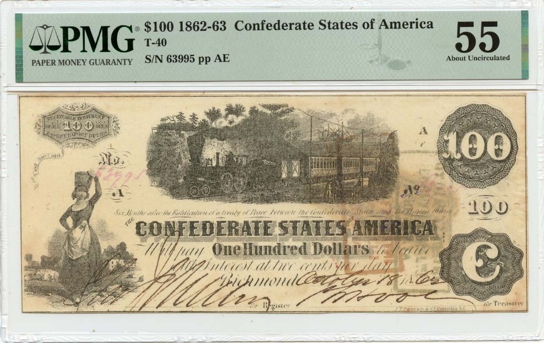 1862 $100 Confederate States of America T-40 CSA PMG AU55: 1862 $100 Confederate States of America T-40 CSA PMG AU55 Item Specifics: Certification: PMG Certification Number: 2196626019 Grade: AU55 Circulated/Uncirculated: Circulated Denomination: Confederate 