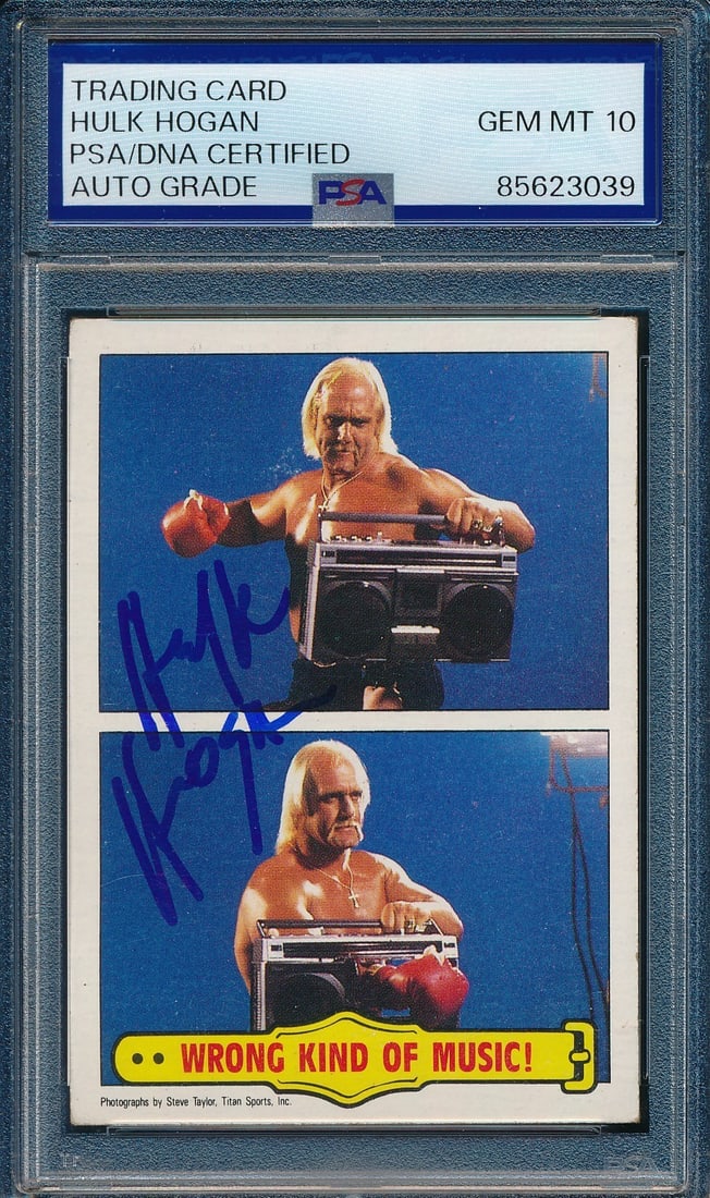 1985 TOPPS WWF Hulk Hogan Signed/ Auto On Card #56 PSA/ DNA 10 203277: 1985 TOPPS WWF Hulk Hogan Signed/ Auto On Card #56 PSA/ DNA 10 203277 Signed by Hulk Hogan on Topps WWF trading card #56, this 1985 autographed collectible boasts a PSA/DNA 10 grade, indicating except