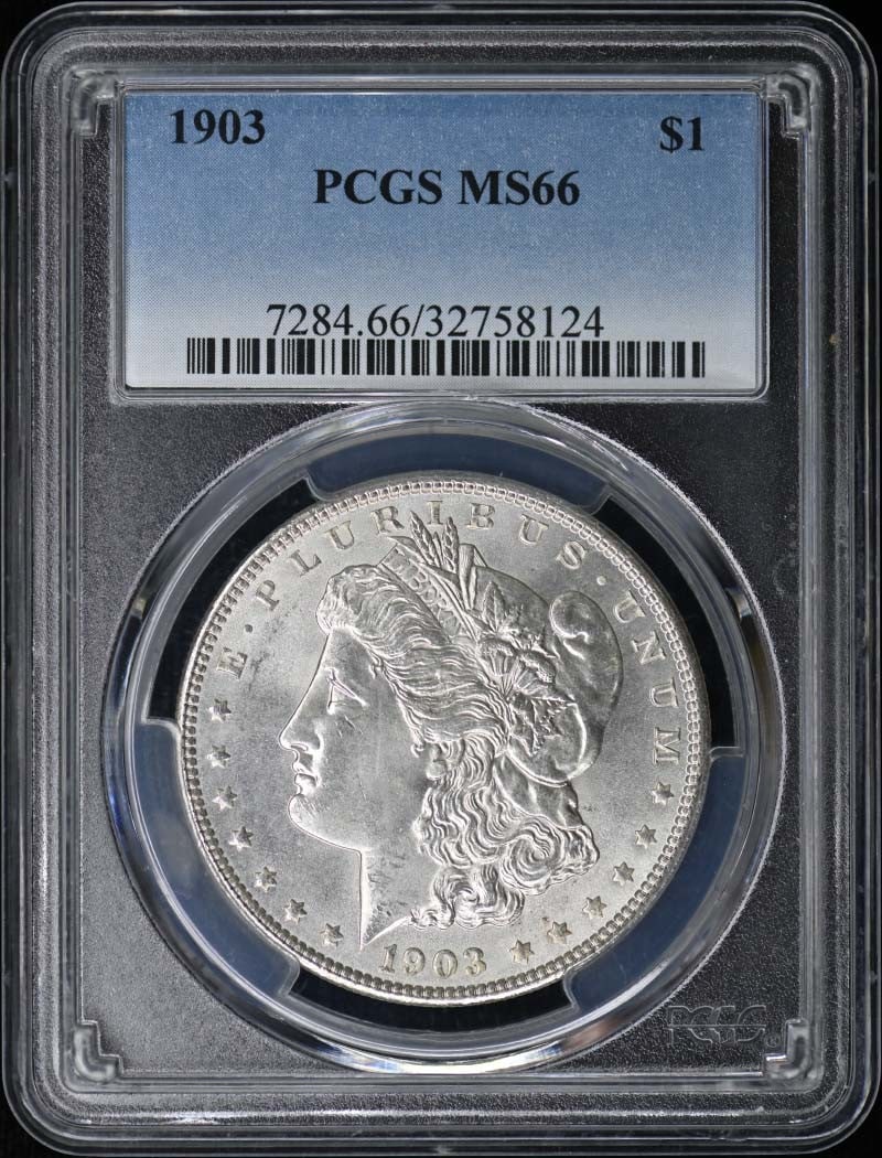 1903 $1 Morgan Dollar PCGS MS66: 1903 $1 Morgan Dollar PCGS MS66 The 1903 $1 Morgan Dollar, certified MS66 by PCGS, boasts an uncirculated condition and is a rare example from the Philadelphia mint. This coin's high grade and limited