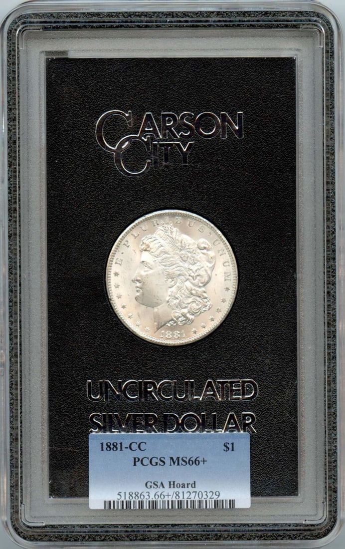 CC Morgan Dollar GSA Hoard $1 PCGS MS66+: CC Morgan Dollar GSA Hoard $1 PCGS MS66+ The CC Morgan Dollar GSA Hoard $1 PCGS MS66+ features a stunning example of the iconic 1881 design, certified by PCGS with a grade of MS66+. This uncirculated 