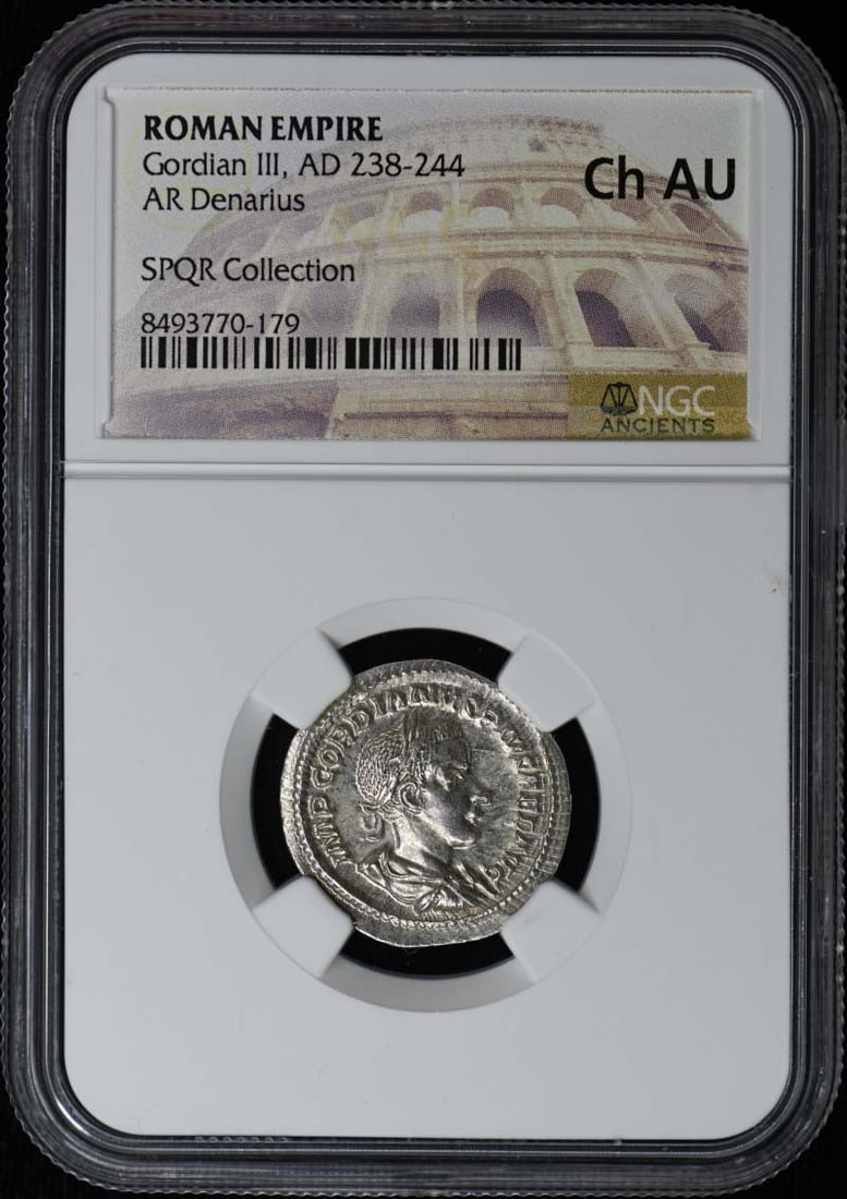 Gordian III, AD 238-244 ROMAN EMPIRE AR Denarius NGC AU55: Gordian III, AD 238-244 ROMAN EMPIRE AR Denarius NGC AU55 NGC AU55 graded Roman Empire Denarius from AD 238-244, bearing the mark of Gordian III. This ancient coin features a notable historical signif