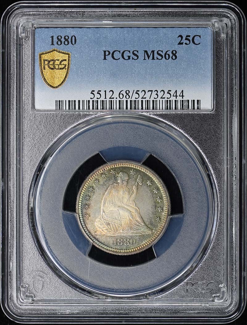MS68 Liberty Seated Quarter 1880 25c PCGS: MS68 Liberty Seated Quarter 1880 25c PCGS MS68 Liberty Seated Quarter 1880, certified by PCGS with a grade of MS68 and minted in Philadelphia. This uncirculated quarter features the iconic design of t