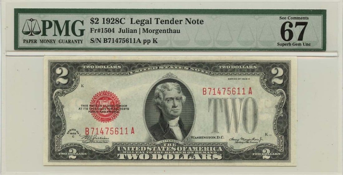 1928C $2 Legal Tender Red Fr# 1504 PMG Gem 67 EPQ: 1928C $2 Legal Tender Red Fr# 1504 PMG Gem 67 EPQ The 1928C $2 Legal Tender features a stunning red color and is certified by PMG as MS67, indicating its exceptional condition. This note bears the ser