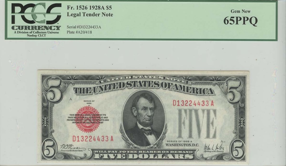 1928A $5 Legal Tender Note PCGS 65 Gem New PPQ: 1928A $5 Legal Tender Note PCGS 65 Gem New PPQ The 1928A $5 Legal Tender Note, graded MS65 by PCGS, boasts exceptional condition with no signs of wear. This uncirculated gem features the distinctive d