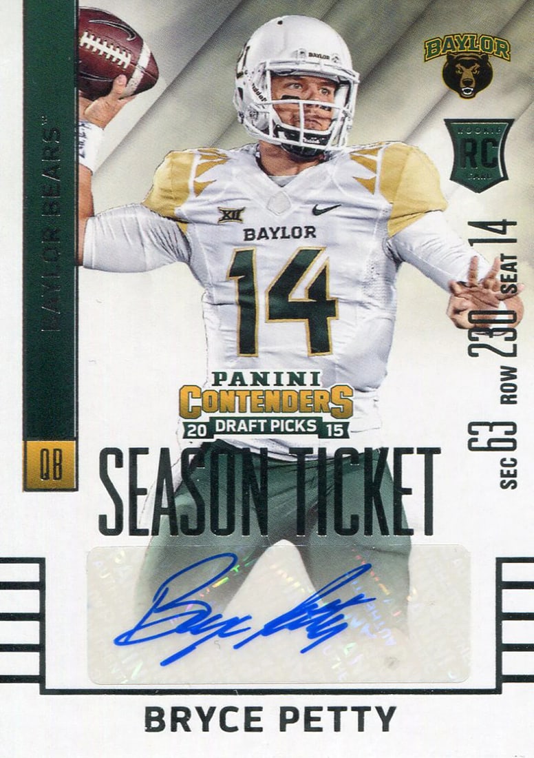 Panini Autographed Draft Picks Football Card Rookie 2015 By Bryce Petty: Panini Autographed Draft Picks Football Card Rookie 2015 By Bryce Petty Bryce Petty's 2015 Panini autographed draft pick football card features his rookie photo and signature in blue sharpie across