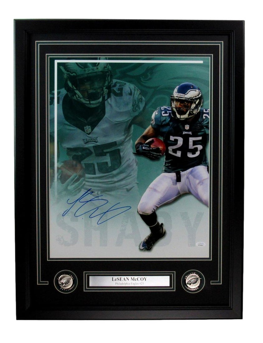 LeSean McCoy Signed 16x20 Photo Philadelphia Eagles Framed JSA 192027: LeSean McCoy Signed 16x20 Photo Philadelphia Eagles Framed JSA 192027 LeSean McCoy's signature on a 16x20 photo of himself in action, framed and presented in a professional setting. The item bears the