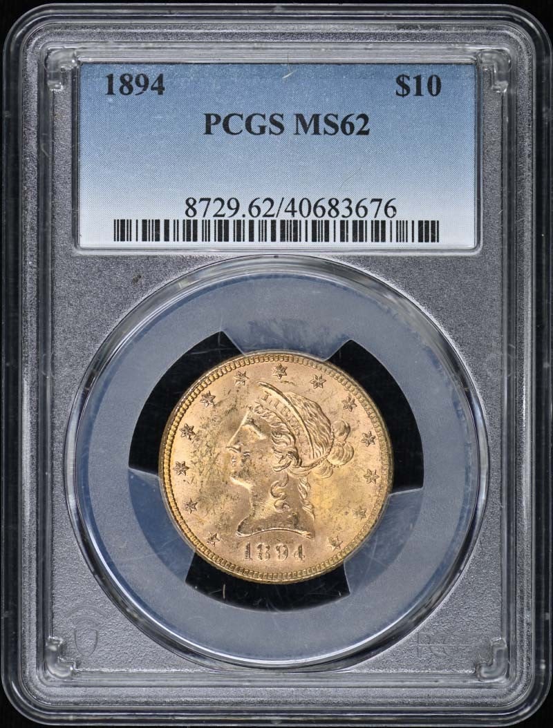 1894 $10 Liberty Head Eagle PCGS MS62: 1894 $10 Liberty Head Eagle PCGS MS62 The 1894 $10 Liberty Head Eagle PCGS MS62 is a highly detailed and intricately designed coin, featuring the iconic Liberty Head eagle on its obverse. Certified by