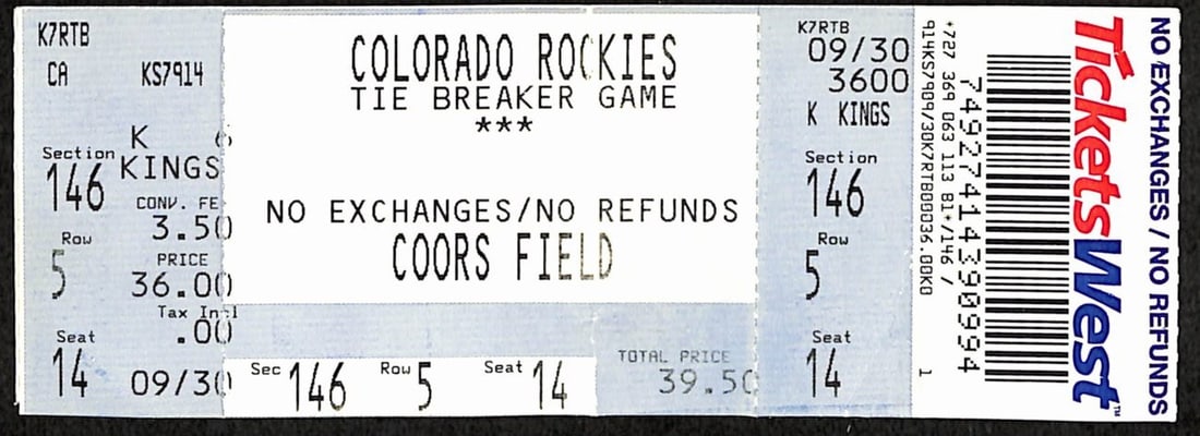 2007 NL Wild Card Tiebreaker Full Ticket Rockies 9 v Padres 8 10/ 1/ 2007 187525: 2007 NL Wild Card Tiebreaker Full Ticket Rockies 9 v Padres 8 10/ 1/ 2007 187525 Item Specifics: Sport: Baseball Product Disclaimer: Not affiliated with any team or league. Signatures are unverified u