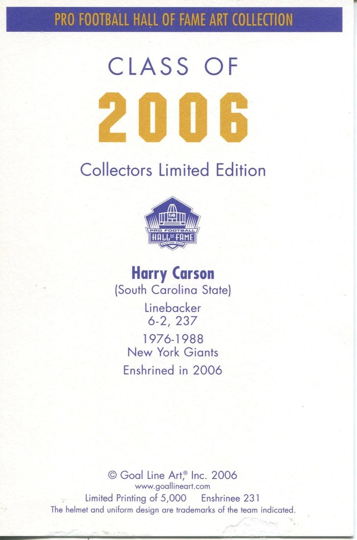 Harry Carson 1st Day Cover Envelope (JSA) - 2