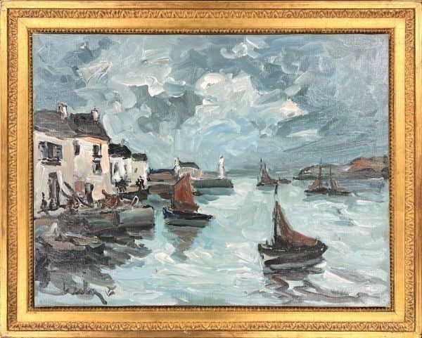 French Marine Oil Painting Harbor Landscape of Port by Fernand Herbo Sauzon (1 of 8)